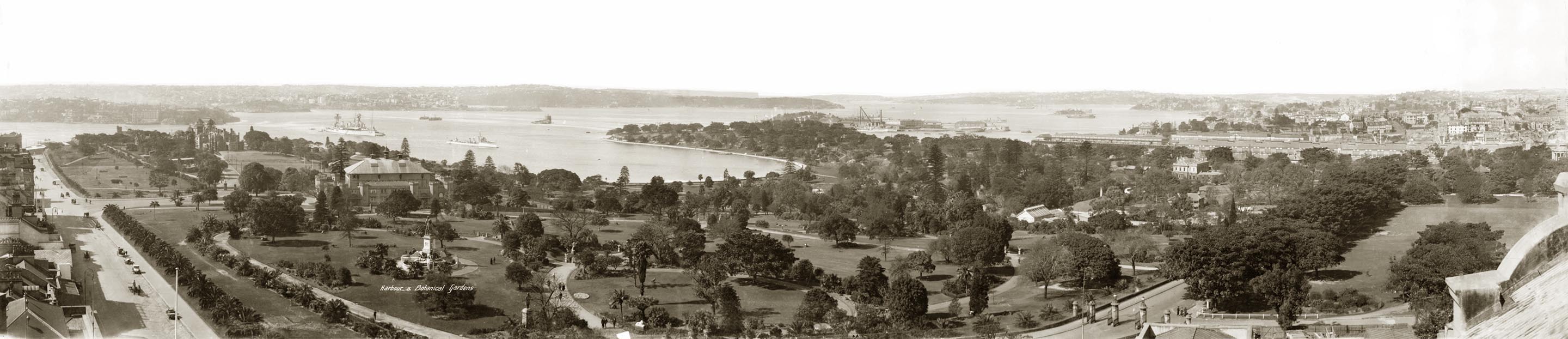Sydney from a building overlooking the Royal Botanic Gardens and Farm Cove, c1920